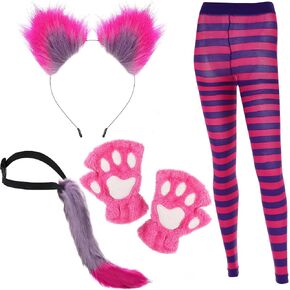 Toulite 4 Pcs Halloween Pink and Purple Striped Cat Costume for Girls Women Halloween Cosplay Accessories Cat Paw Gloves, Striped Leggings, Furry Tail and Cat Ears for Cosplay Dress in Kuwait
