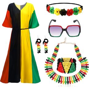 Mepase 7 Pcs Black History Month Women African Jamaican Dress Outfit Set Rasta Jewelry Bracelet Accessories Bikini Cover up Rasta Bead Necklace Earrings Sunglasses Flower Crown Headband for Swimsuit in Saudi Arabia