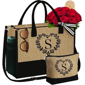 YOOLIFE Valentines Day Gifts - Monogram Initial Jute Tote Bag & Makeup Bag Personalized Birthday Gifts for Women Mom Wife