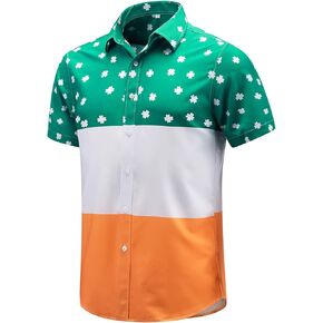 ENVMENST Mens St.Patrick's Day Shirt Irish Clover Printed Casual Short Sleeve Hawaiian Button Up Shirts
