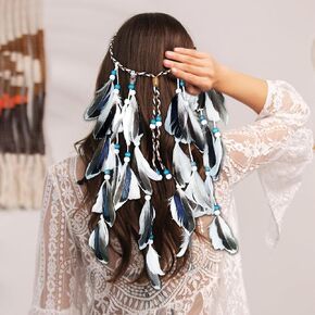 Campsis Bohemian Feather Headband White Wooden Beads Feather Boho Gypsy Headpiece Adjustable Indian Hippie Headdress Festival Costumes Hallowenn Prom Cosplay Masquerades Carnival for Women and Girls in Saudi Arabia