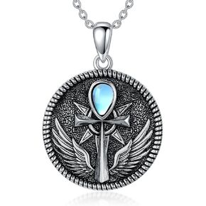 قلادة MeetMuse Ankh Moonstone من الفضة الإسترليني قلادة مصرية من Angel Wing Ankh تميمة مجوهرات Wicca Pagan Egyptain Jewelry هدية للأم والأب in Kuwait