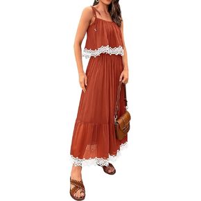 فستان نسائي من NALANISA موضة صيف 2024 بوهو للشمس بربطة عنق وحزام سباغيتي على شكل حرف A مكشكش للشاطئ فستان طويل طويل in Kuwait