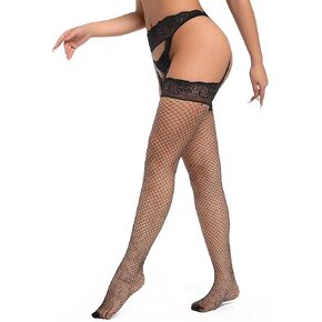 جوارب IMMIGOSE النسائية الضيقة ذات شبكة صيد السمك مع حزام رباط أسود من الدانتيل - (S-M) in Kuwait