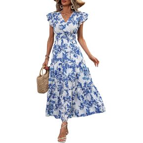 Milumia فساتين صيفية بوهيمية واسعة للنساء 2023 بوهو الأزهار الخامس الرقبة كشكش هيم فستان ماكسي in Kuwait