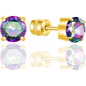 Hopply Titanium Screw Back Surgical Stainless Steel Stud Earrings for Women Men,Rainbow 5A Cubic Zirconia Studs Double Side Earrings Piercing Sleeper Studs Jewelry 6mm in Kuwait