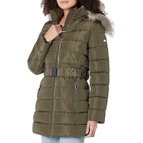 Tommy Hilfiger Women Fur Long Puffer Hooded Belt at Waist Jacket in Kuwait