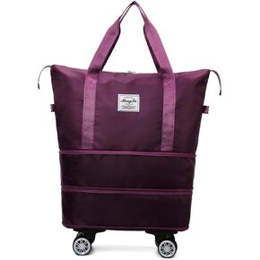 Travel Tote Bags with Trolley Sleeve Expandable Extra Waterproof Oxford Duffel Bag with Wheels Lightweight Traveling Foldable Suitcase (Light Gray, Detachable Wheels) in Kuwait