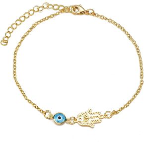 Evil Eye Anklet for Women Teen Girls, Dainty Real 14K Gold/Silver Plated Figaro Chain Evil Eye Hamsa Hand Charm Ankle Bracelets for Women, Minimalist Foot Jewelry