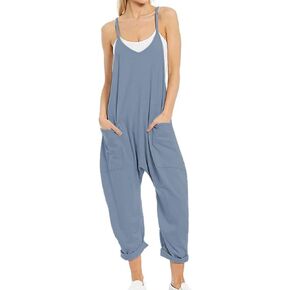 Songling Women's Casual Sleeveless Jumpsuit Loose Fit V Neck Spaghetti Strap Overalls Long Harem Pants with Pockets(Blue-Gray,L) in Kuwait