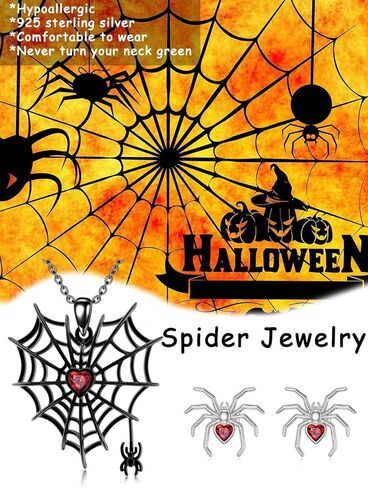 Shusukue Halloween Spider Jewelry 925 الفضة الاسترليني الأسود العنكبوت قلادة وأقراط مجموعة عيد الهالوين حزب المجوهرات القوطية هدية للنساء الفتيات المراهقات (مع صندوق هدية) in Kuwait