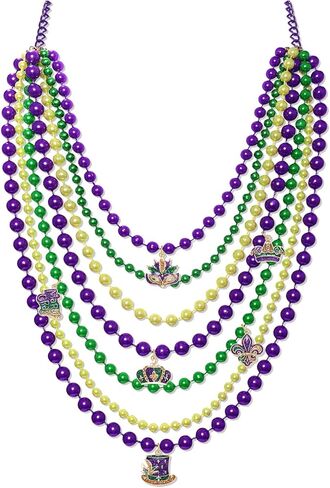 NLCAC ماردي غرا قلادة للنساء بريق قناع تاج فلور دي ليز قلادة قلادة طويلة الخرز الطبقات كرنفال نيكلس ماردي غرا المجوهرات in Kuwait