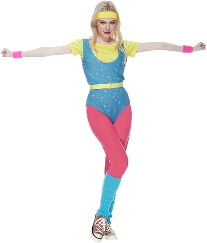 أزياء ميجارتيكو للسيدات 80s للتمرين، مجموعة إكسسوارات ملونة للبالغين 80s، أزياء الهالوين 80s، ملابس يوتار كلاسيكية in Kuwait