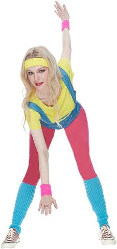 أزياء ميجارتيكو للسيدات 80s للتمرين، مجموعة إكسسوارات ملونة للبالغين 80s، أزياء الهالوين 80s، ملابس يوتار كلاسيكية in Kuwait