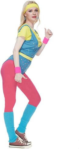 أزياء ميجارتيكو للسيدات 80s للتمرين، مجموعة إكسسوارات ملونة للبالغين 80s، أزياء الهالوين 80s، ملابس يوتار كلاسيكية in Kuwait