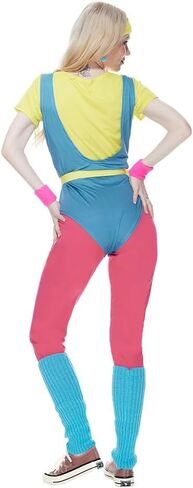 أزياء ميجارتيكو للسيدات 80s للتمرين، مجموعة إكسسوارات ملونة للبالغين 80s، أزياء الهالوين 80s، ملابس يوتار كلاسيكية in Kuwait