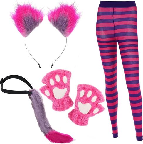Toulite 4 Pcs Halloween Pink and Purple Striped Cat Costume for Girls Women Halloween Cosplay Accessories Cat Paw Gloves, Striped Leggings, Furry Tail and Cat Ears for Cosplay Dress in Saudi Arabia