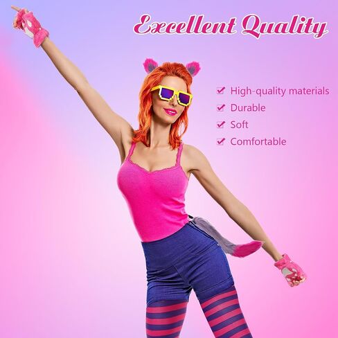 Toulite 4 Pcs Halloween Pink and Purple Striped Cat Costume for Girls Women Halloween Cosplay Accessories Cat Paw Gloves, Striped Leggings, Furry Tail and Cat Ears for Cosplay Dress in Saudi Arabia