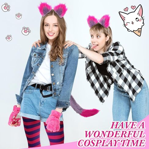 Toulite 4 Pcs Halloween Pink and Purple Striped Cat Costume for Girls Women Halloween Cosplay Accessories Cat Paw Gloves, Striped Leggings, Furry Tail and Cat Ears for Cosplay Dress in Saudi Arabia