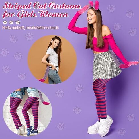 Toulite 4 Pcs Halloween Pink and Purple Striped Cat Costume for Girls Women Halloween Cosplay Accessories Cat Paw Gloves, Striped Leggings, Furry Tail and Cat Ears for Cosplay Dress in Saudi Arabia