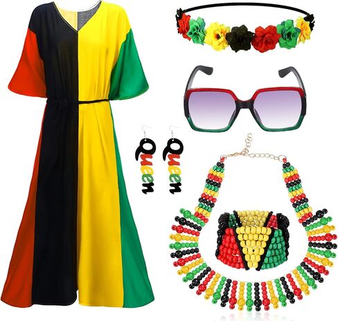 Mepase 7 Pcs Black History Month Women African Jamaican Dress Outfit Set Rasta Jewelry Bracelet Accessories Bikini Cover up Rasta Bead Necklace Earrings Sunglasses Flower Crown Headband for Swimsuit in Saudi Arabia