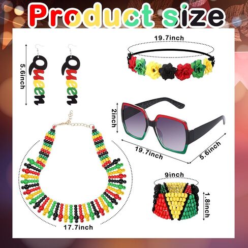 Mepase 7 Pcs Black History Month Women African Jamaican Dress Outfit Set Rasta Jewelry Bracelet Accessories Bikini Cover up Rasta Bead Necklace Earrings Sunglasses Flower Crown Headband for Swimsuit in Saudi Arabia