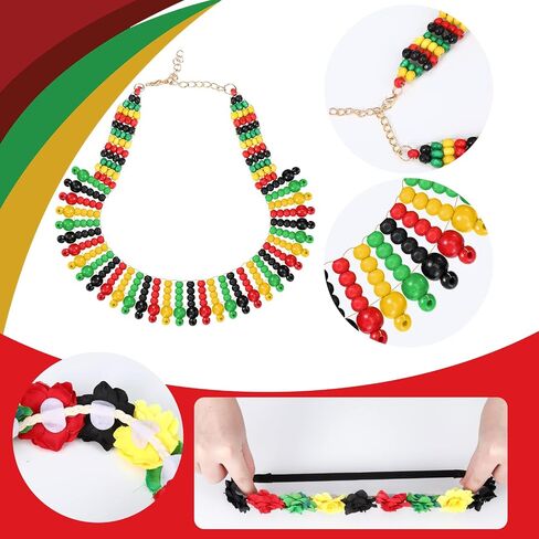 Mepase 7 Pcs Black History Month Women African Jamaican Dress Outfit Set Rasta Jewelry Bracelet Accessories Bikini Cover up Rasta Bead Necklace Earrings Sunglasses Flower Crown Headband for Swimsuit in Saudi Arabia