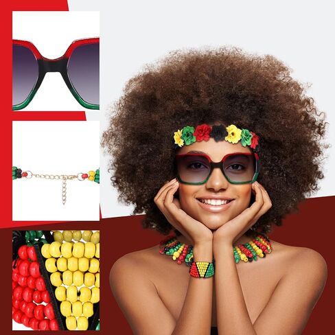 Mepase 7 Pcs Black History Month Women African Jamaican Dress Outfit Set Rasta Jewelry Bracelet Accessories Bikini Cover up Rasta Bead Necklace Earrings Sunglasses Flower Crown Headband for Swimsuit in Saudi Arabia