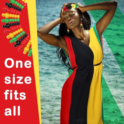 Mepase 7 Pcs Black History Month Women African Jamaican Dress Outfit Set Rasta Jewelry Bracelet Accessories Bikini Cover up Rasta Bead Necklace Earrings Sunglasses Flower Crown Headband for Swimsuit in Saudi Arabia