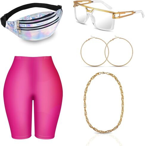 ملابس TraLxwee في التسعينيات لحفلات الهيب هوب للنساء، أزياء التسعينيات بما في ذلك النظارات الشمسية وسلسلة ذهبية وأقراط in Kuwait