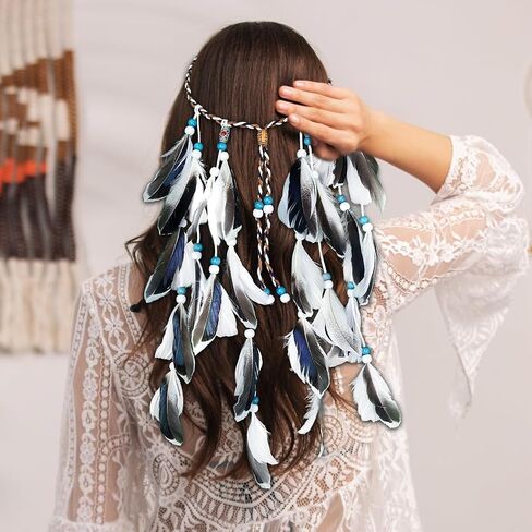 Campsis Bohemian Feather Headband White Wooden Beads Feather Boho Gypsy Headpiece Adjustable Indian Hippie Headdress Festival Costumes Hallowenn Prom Cosplay Masquerades Carnival for Women and Girls in Saudi Arabia