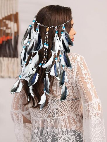 Campsis Bohemian Feather Headband White Wooden Beads Feather Boho Gypsy Headpiece Adjustable Indian Hippie Headdress Festival Costumes Hallowenn Prom Cosplay Masquerades Carnival for Women and Girls in Saudi Arabia