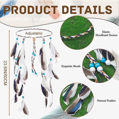 Campsis Bohemian Feather Headband White Wooden Beads Feather Boho Gypsy Headpiece Adjustable Indian Hippie Headdress Festival Costumes Hallowenn Prom Cosplay Masquerades Carnival for Women and Girls in Saudi Arabia