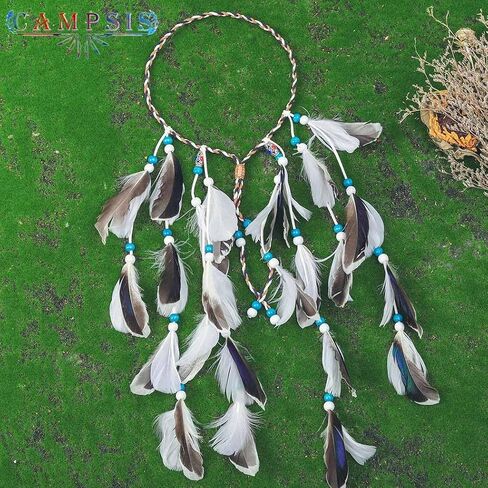 Campsis Bohemian Feather Headband White Wooden Beads Feather Boho Gypsy Headpiece Adjustable Indian Hippie Headdress Festival Costumes Hallowenn Prom Cosplay Masquerades Carnival for Women and Girls in Saudi Arabia