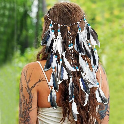 Campsis Bohemian Feather Headband White Wooden Beads Feather Boho Gypsy Headpiece Adjustable Indian Hippie Headdress Festival Costumes Hallowenn Prom Cosplay Masquerades Carnival for Women and Girls in Saudi Arabia