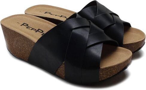صنادل PEPPEP مريحة وأنيقة بكعب منخفض للنساء أو السيدات - سهلة الارتداء، وسادة قدم من الفلين، أشرطة لطيفة أو فيونكة، جلد سويدي حقيقي ونعل داخلي من الإسفنج الذكي للصيف in Kuwait
