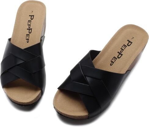 صنادل PEPPEP مريحة وأنيقة بكعب منخفض للنساء أو السيدات - سهلة الارتداء، وسادة قدم من الفلين، أشرطة لطيفة أو فيونكة، جلد سويدي حقيقي ونعل داخلي من الإسفنج الذكي للصيف in Kuwait