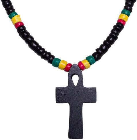 BlueRica Black Wood Ankh Pendant on Rasta Coconut Shell Beads Necklace (18") in Saudi Arabia