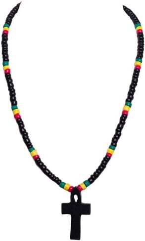 BlueRica Black Wood Ankh Pendant on Rasta Coconut Shell Beads Necklace (18") in Saudi Arabia