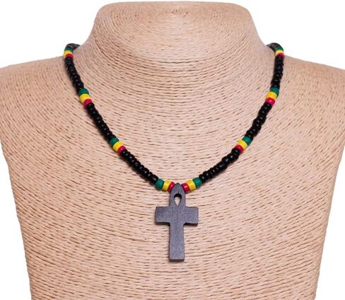 BlueRica Black Wood Ankh Pendant on Rasta Coconut Shell Beads Necklace (18") in Saudi Arabia