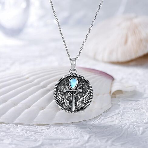 قلادة MeetMuse Ankh Moonstone من الفضة الإسترليني قلادة مصرية من Angel Wing Ankh تميمة مجوهرات Wicca Pagan Egyptain Jewelry هدية للأم والأب in Kuwait
