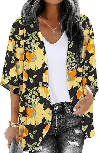 ChainJoy Women's Summer Beach Boho Chiffon Kimono Cardigans Sheer Open Front Cover Ups Tops in Saudi Arabia