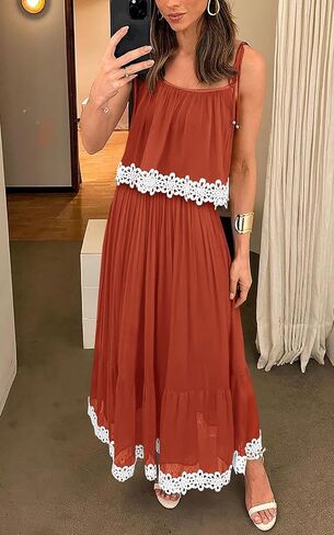 فستان نسائي من NALANISA موضة صيف 2024 بوهو للشمس بربطة عنق وحزام سباغيتي على شكل حرف A مكشكش للشاطئ فستان طويل طويل in Kuwait