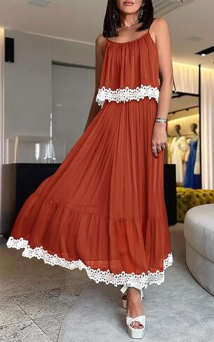 فستان نسائي من NALANISA موضة صيف 2024 بوهو للشمس بربطة عنق وحزام سباغيتي على شكل حرف A مكشكش للشاطئ فستان طويل طويل in Kuwait