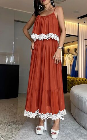 فستان نسائي من NALANISA موضة صيف 2024 بوهو للشمس بربطة عنق وحزام سباغيتي على شكل حرف A مكشكش للشاطئ فستان طويل طويل in Kuwait