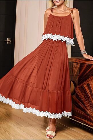 فستان نسائي من NALANISA موضة صيف 2024 بوهو للشمس بربطة عنق وحزام سباغيتي على شكل حرف A مكشكش للشاطئ فستان طويل طويل in Kuwait