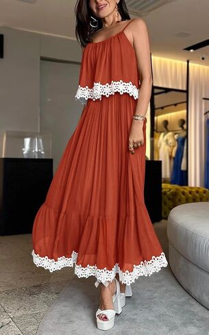 فستان نسائي من NALANISA موضة صيف 2024 بوهو للشمس بربطة عنق وحزام سباغيتي على شكل حرف A مكشكش للشاطئ فستان طويل طويل in Kuwait