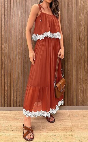 فستان نسائي من NALANISA موضة صيف 2024 بوهو للشمس بربطة عنق وحزام سباغيتي على شكل حرف A مكشكش للشاطئ فستان طويل طويل in Kuwait