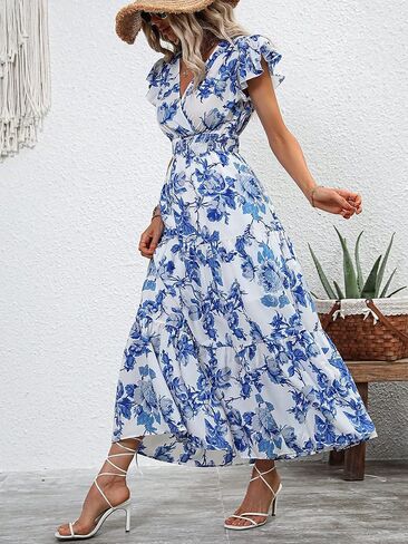 Milumia فساتين صيفية بوهيمية واسعة للنساء 2023 بوهو الأزهار الخامس الرقبة كشكش هيم فستان ماكسي in Kuwait