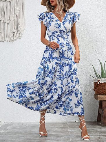 Milumia فساتين صيفية بوهيمية واسعة للنساء 2023 بوهو الأزهار الخامس الرقبة كشكش هيم فستان ماكسي in Kuwait